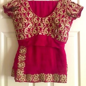 Saree with stitched blouse and gold border